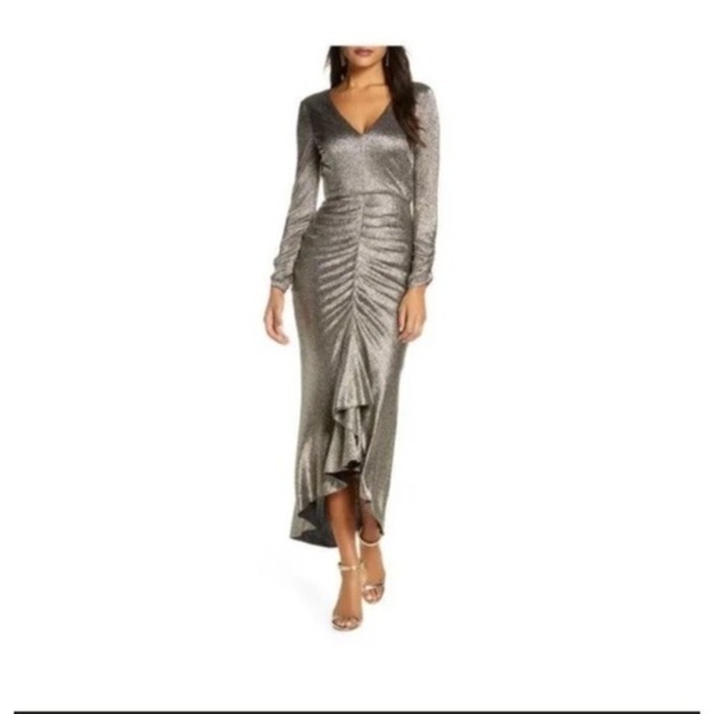 Eliza J Dress Sz 8 Silver Metallic Ruched Hi low Cocktail Party Festive NYE‎ NWT